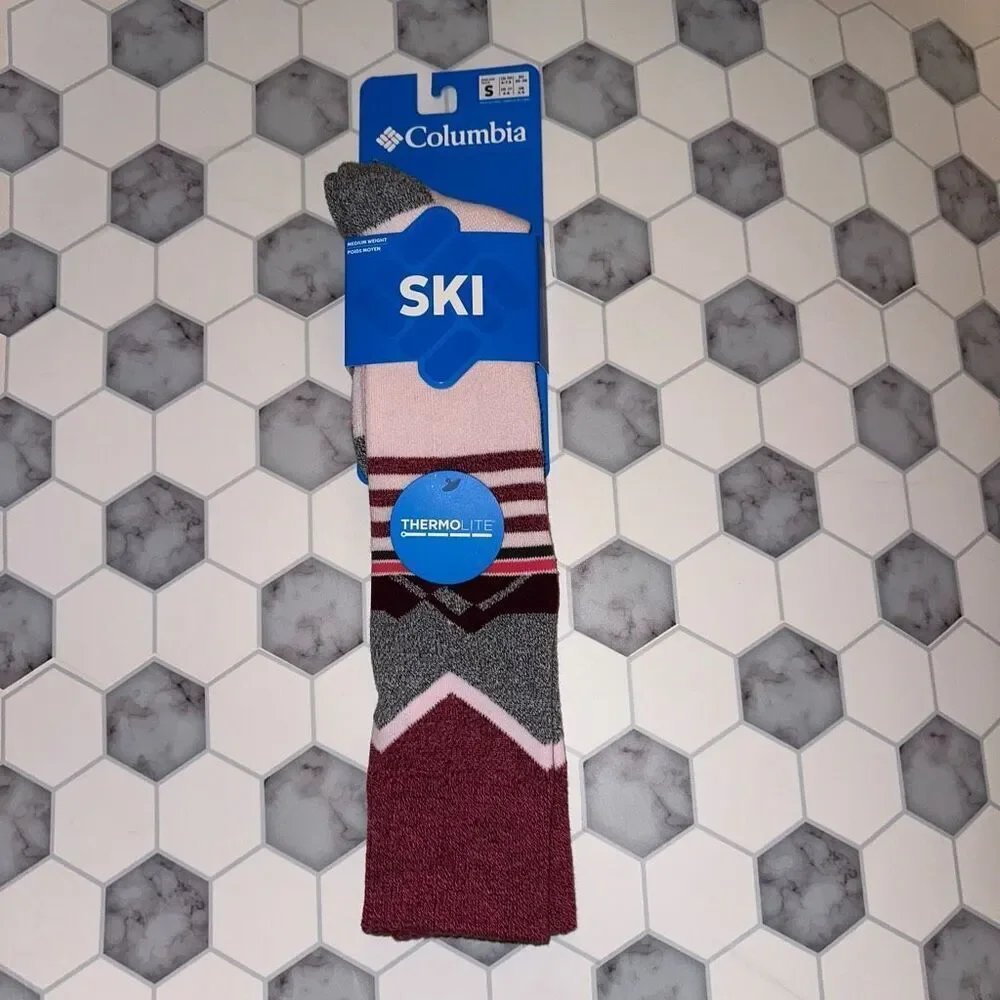 Columbia Thermolite Medium Weight Over Calf Pink Gray Ski Socks Size Small NWT